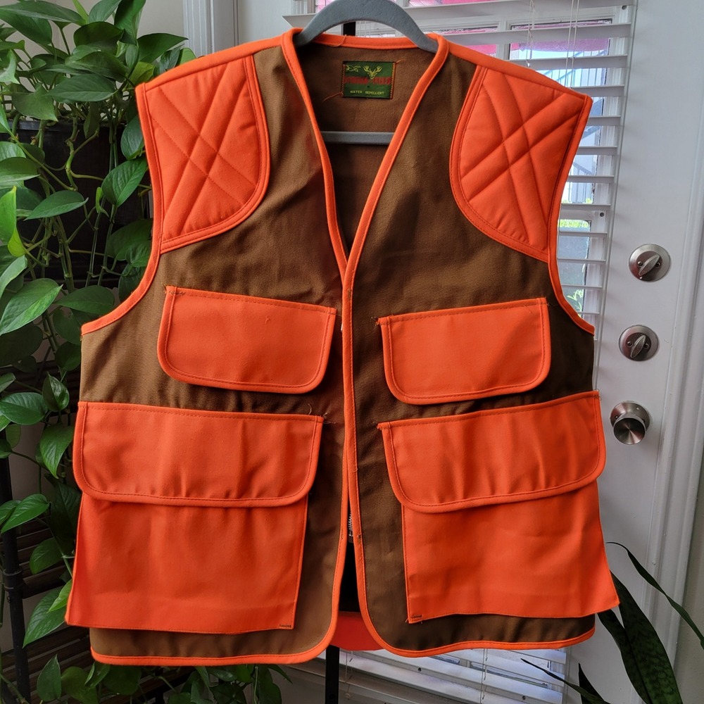 VTG 70s Stream Field Mens XL Hunting Vest Orange Brown Canvas Game Bag *MINT*